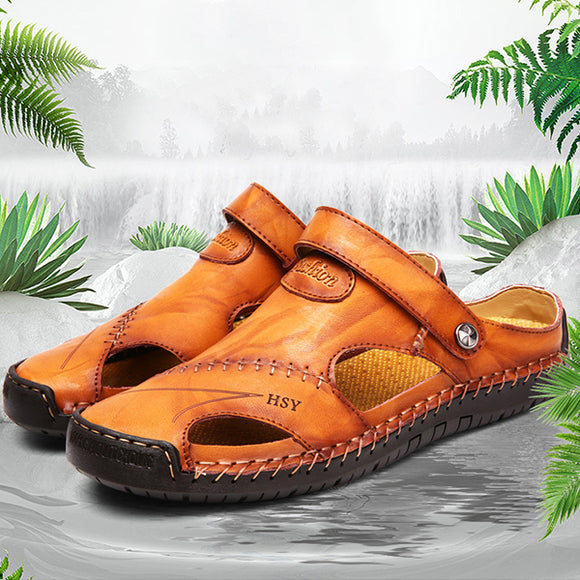 Hizada New Summer Men's Handmade  Soft Outdoor Closed Toe Leather Sandals