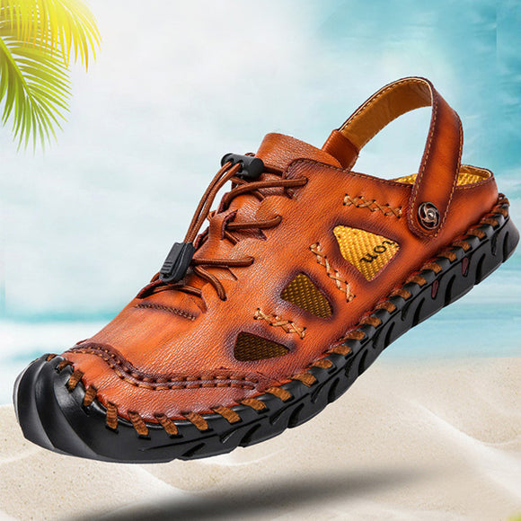 Hizada Men's Classic Soft Leather Beach Casual Sandals