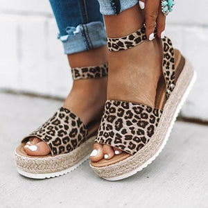 Shoes - Leopard Espadrilles Platform Wedge Buckle Open Toe Sandals