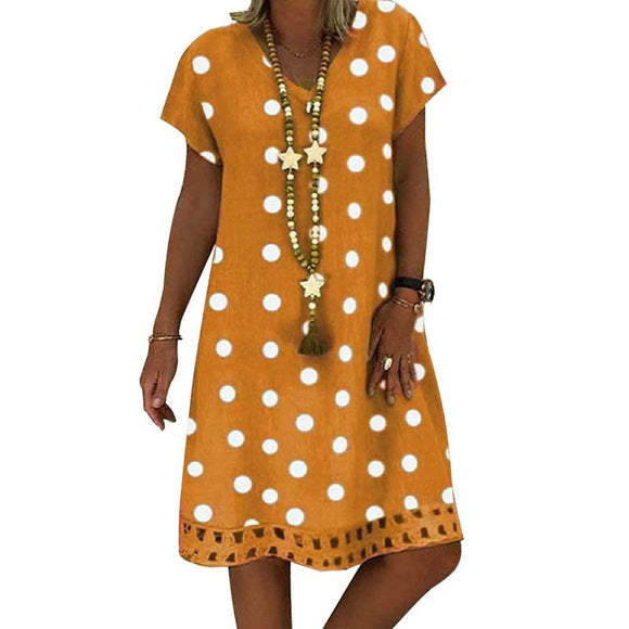 Women Midi V-Neck Short Sleeve Hollow Polka Dot Summer Plus Size Dress