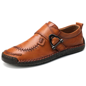 Men's Stylish Metal Buckle Hand Stitching Comfy Round Toe Leather Shoes