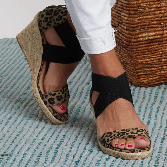 Fashion Women's Leopard-Print Stretch-Weave Wedge Heels Sandals