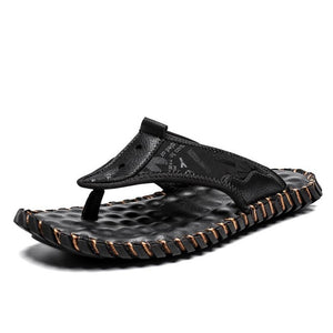 Hizada Men's Big Size Summer Outdoor Handmade Leather Flip Flops Beach Slippers Sandals