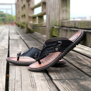 Hizada Fashion New Men's Summer Beach Flip Flops Leather Slippers