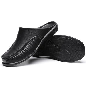 Hizada Men's Pure Color Soft Leather Backless Slippers Casual Shoes