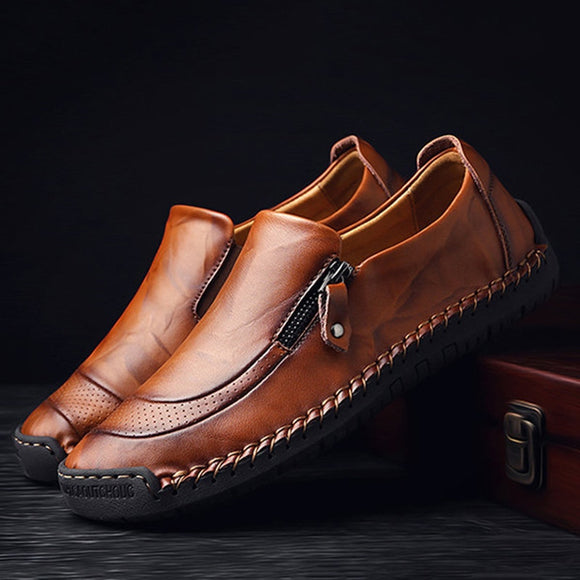 2019 Men's Hand Stitching Zipper Slip On Leather Shoes