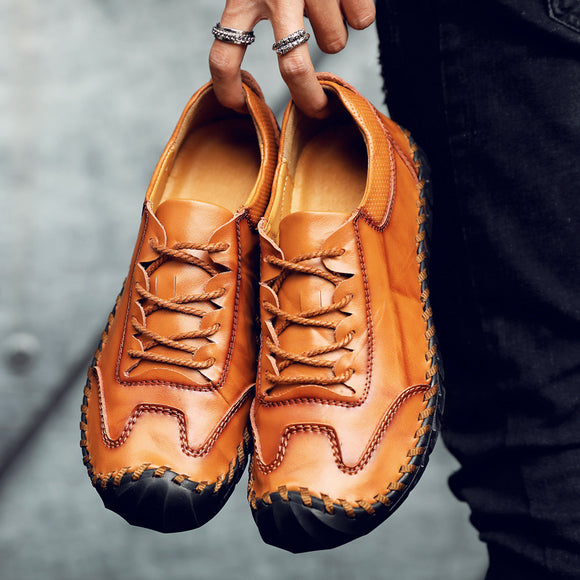 Men Hand Stitching Non Slip Elastic Lace Soft Sole Casual Leather Shoes