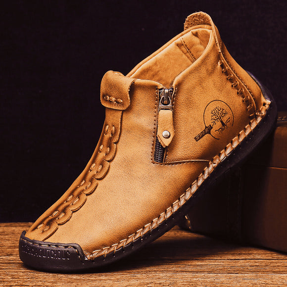 Men Handmade Soft Leather Non Slip Side Zipper Casual Shoes