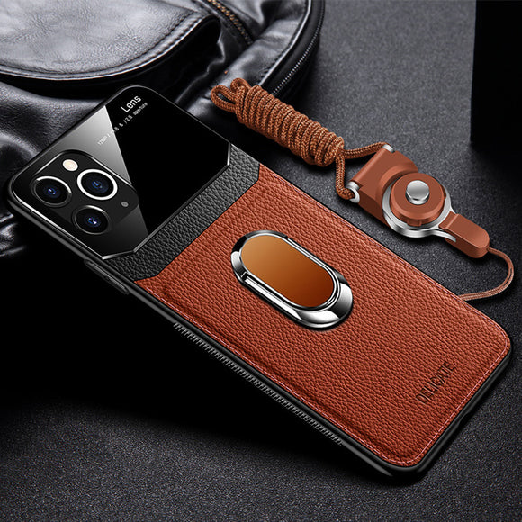 Luxury Shockproof Leather + Hard PC Magnetic Ring Holder Case For iPhone With FREE Strap