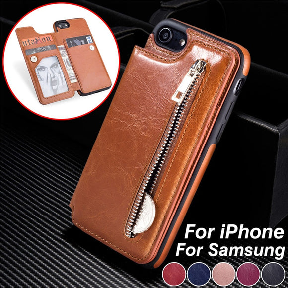 Luxury Leather Zipper Wallet Flip Stand Case For iPhone X XR XS MAX 8 7 6S 6/Plus