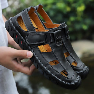 Hizada Fashion Men's Big Size Breathable Leather Flats Beach Casual Shoes