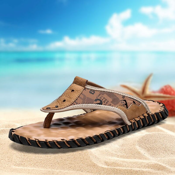 Hizada Men's Big Size Summer Outdoor Handmade Leather Flip Flops Beach Slippers Sandals
