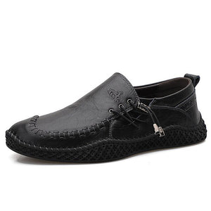 Hizada Men Handmade Elastic Lace Soft Slip On Casual Leather Shoes