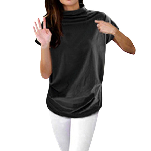 Women Casual Turtleneck Short Sleeve Cotton Casual Blouse Top Shirt